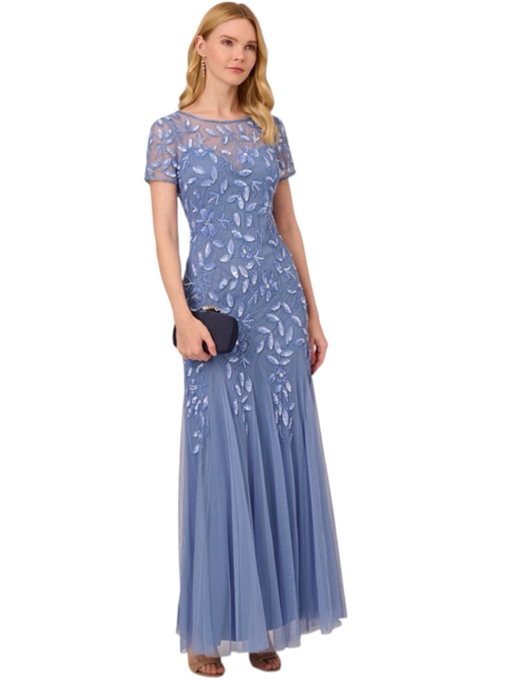 Adrianna Papell Floral Beaded Short-Sleeve Evening Gown in French Blue